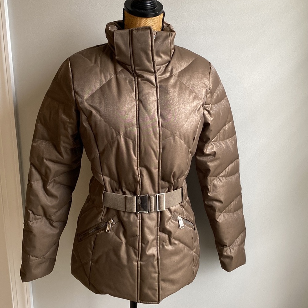 The North Face shimmery Bronze Down Coat with removable faux fur collar.